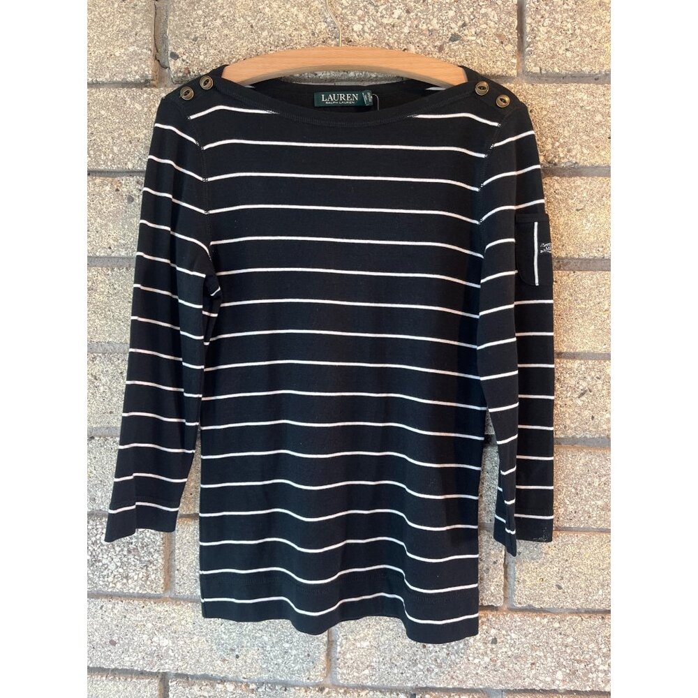 Lauren Ralph Lauren Womens Black & White Striped Top With Button Shoulder Detail